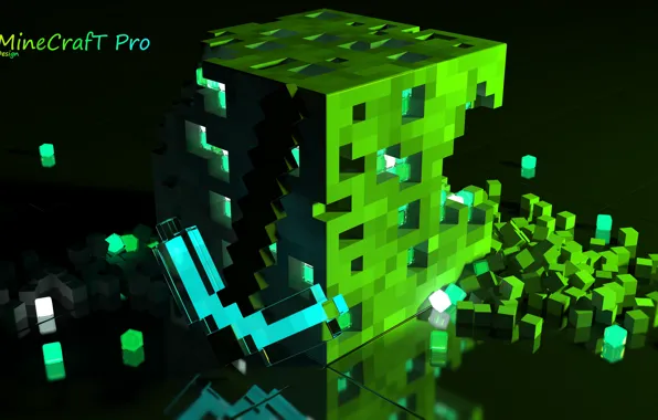 Картинка Minecraft, green light, diamond pickaxe
