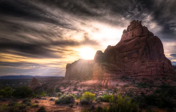 Картинка Sunset, Arches National Park, red rocks