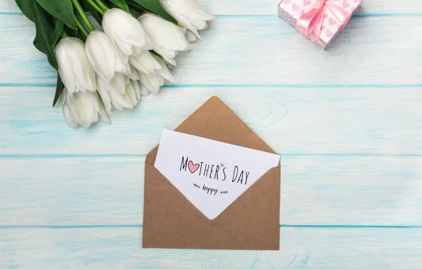 Картинка цветы, подарок, букет, тюльпаны, конверт, поздравление, День матери