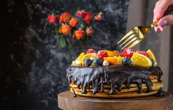 Картинка ягоды, шоколад, торт, фрукты, вилка, панкейки, блинный торт
