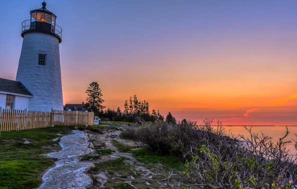 Картинка пейзаж, рассвет, растительность, маяк, утро, США, Pemaquid Point Lighthouse, залив Мэн
