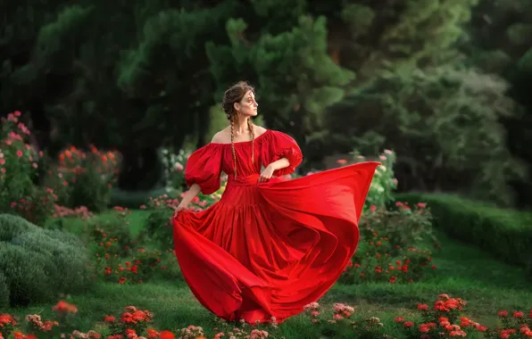 Картинка девушка, цветы, поза, настроение, сад, красное платье, Анастасия Бармина