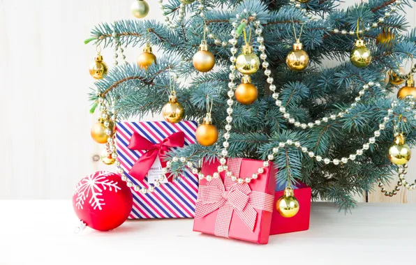 Картинка шарики, шар, ель, Рождество, подарки, Новый год, ёлка, гирлянды