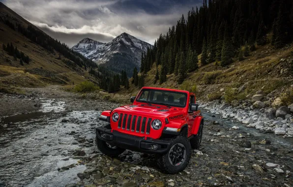 Картинка горы, красный, ручей, склоны, 2018, Jeep, Wrangler Rubicon