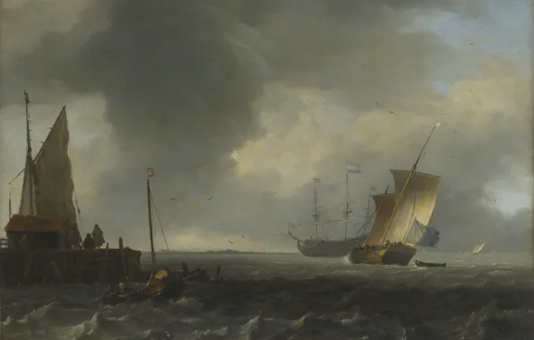 Картинка пейзаж, корабль, картина, парус, Людольф Бакхёйзен, Ludolf Bakhuizen, Вид на Реку возле Дордрехта