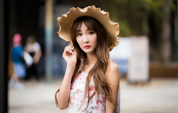 Картинка взгляд, девушка, шляпа, азиатка, боке