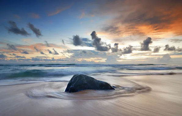 Картинка песок, море, волны, пляж, лето, закат, камни, summer, beach, sea, sunset, seascape, beautiful, sand, wave