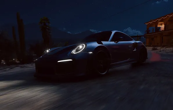 Картинка HDR, Porsche, Light, Stars, Mountain, Night, Game, Moonlight, Trees, UHD, Xbox One X, Porsche 911 …