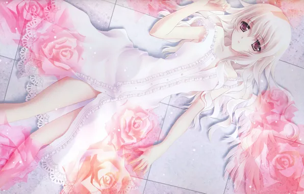 Картинка девочка, белое платье, большие глаза, красные розы, лежит на спине, by Yuri Nishiwaky