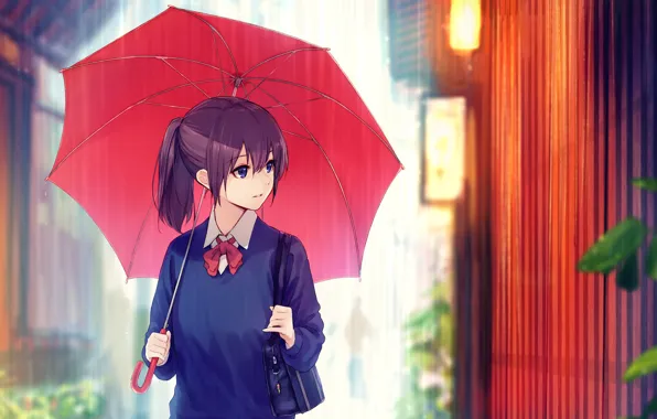 Картинка дождик, забор, школьница, сумка, на улице, красный зонт, под зонтом