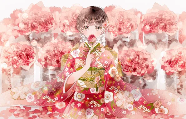 Картинка девушка, цветы, розы, кимоно