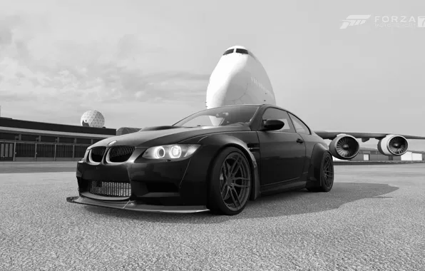 Картинка HDR, BMW, Airplane, Game, BMW M3, E90, Plane, FM7, UHD, Forza Motorsport 7, Black & …