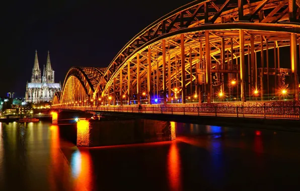 Картинка ночь, мост, река, Германия, Germany, Кёльн, Köln, ночьной город, Мост Гогенцоллернов