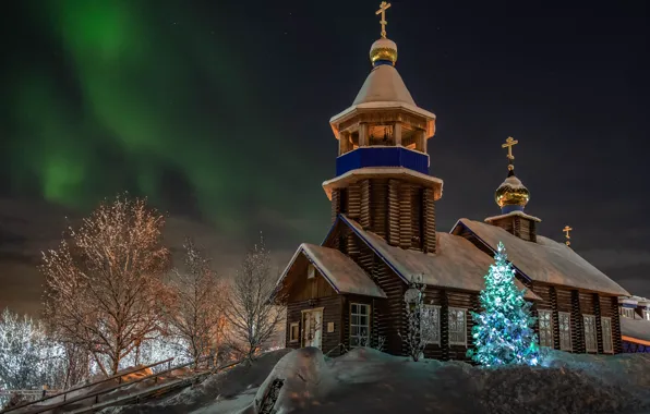 Картинка зима, снег, пейзаж, праздник, новый год, рождество, церковь, ёлка, Sergey Kaverin