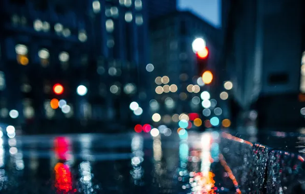 Картинка дорога, вода, город, огни, отражение, дождь, улица, вечер, боке, bokeh