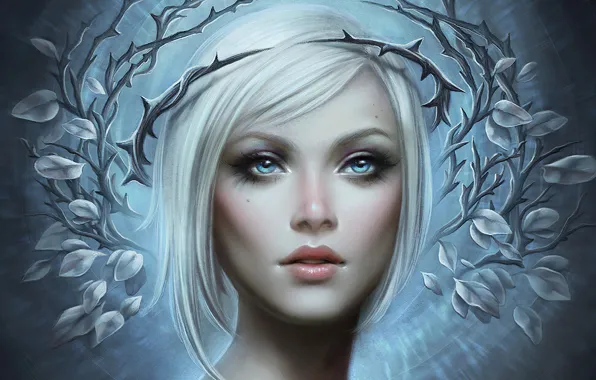 Картинка сияние, шипы, голубые глаза, blue eyes, crown, fantasy art, beautiful woman, radiance, blonde beauty, венец, …