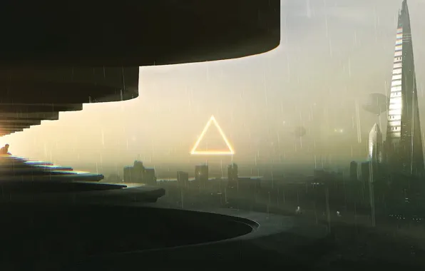 Картинка закат, город, дождь, человек, балкон, киберпанк, небоскрёб, cyberpunk