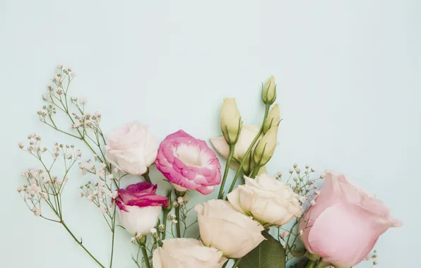 Картинка цветы, розы, букет, pink, flowers, roses, эустома, eustoma
