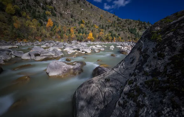Картинка осень, горы, река, камни, поток