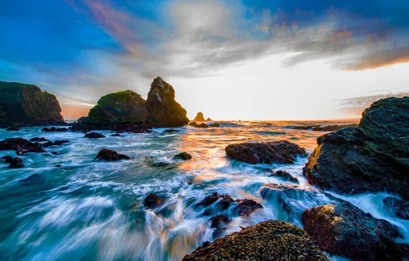 Картинка закат, камни, океан, скалы, Калифорния, Pacific Ocean, California, Тихий океан, Trinidad, Тринидад, Luffenholtz Beach