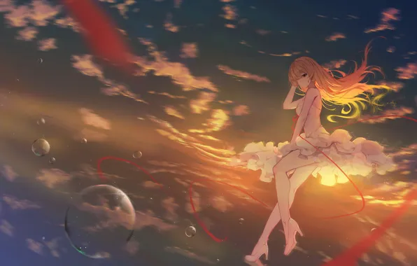 Картинка небо, вода, девушка, закат, Bakemonogatari, Oshino Shinobu