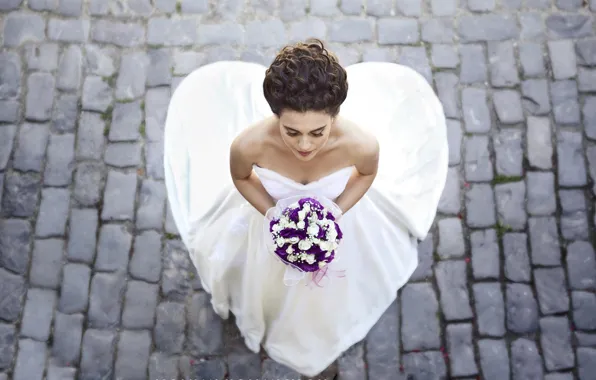 Картинка девушка, цветы, букет, платье, свадебное