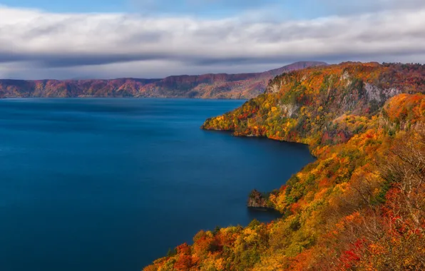 Картинка осень, горы, холмы, Япония, водоем, золотая осень, кроны деревьев