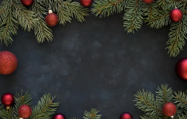 Картинка украшения, шары, Рождество, Новый год, christmas, balls, wood, decoration, frame, fir tree, ветки ели