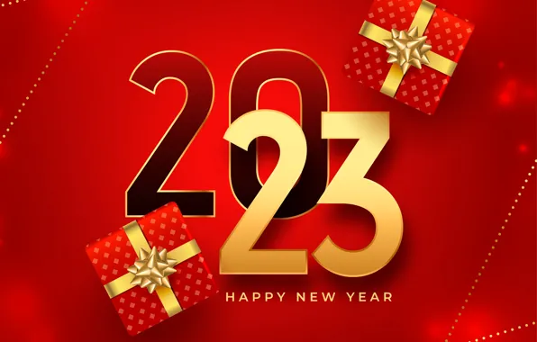 Картинка линии, надпись, точки, цифры, подарки, Новый год, бантики, красный фон, золотые, коробки, дата, 2023
