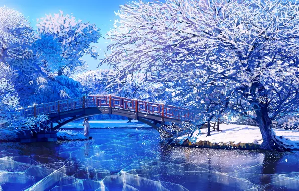 Картинка лед, зима, девушка, деревья, мост