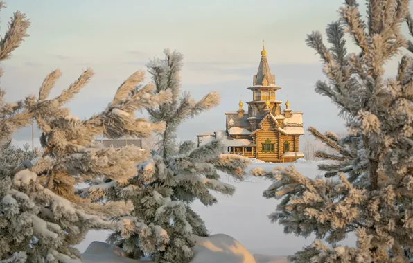 Картинка зима, снег, деревья, пейзаж, природа, ели, церковь, ёлочки, Алтай, Вячеслав Бирюков