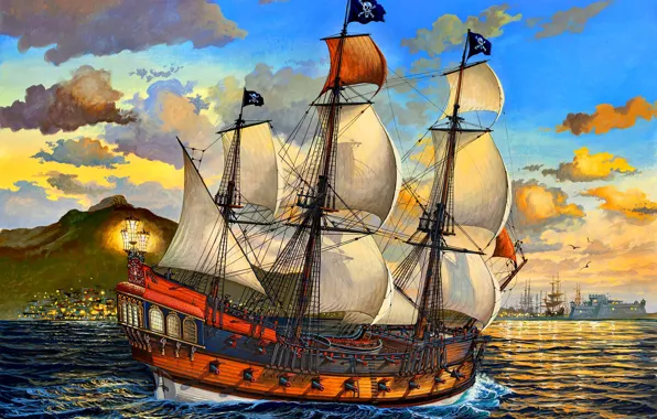 Картинка море, рисунок, корабль, паруса, пираты, веселый роджер, Парусный
