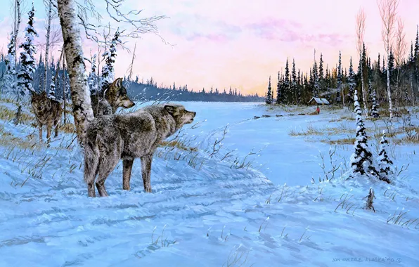 Картинка зима, дорога, поле, лес, собаки, небо, взгляд, снег, природа, поза, дерево, рисунок, человек, картина, арт, …