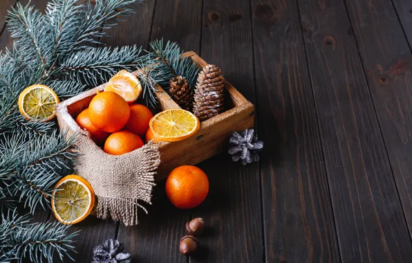 Картинка новый год, дольки, апельсина, декор, мандарины