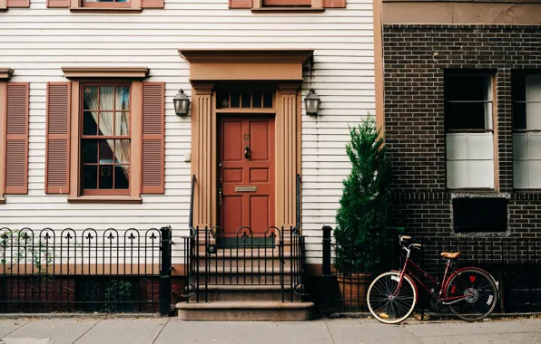 Картинка велосипед, дом, дерево, улица, забор, здание, окна, окно, street, home