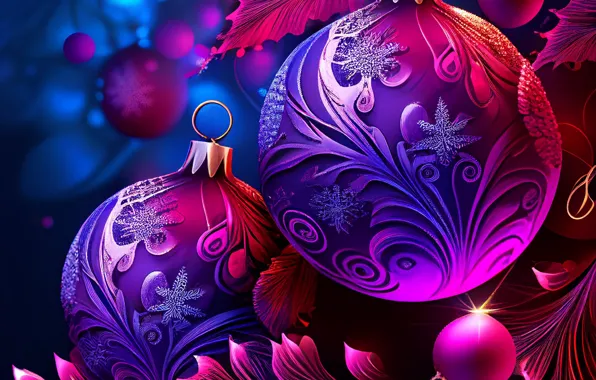 Картинка шарики, свет, сияние, шары, узор, графика, Рождество, Новый год, орнамент, сиреневые, ёлочные игрушки