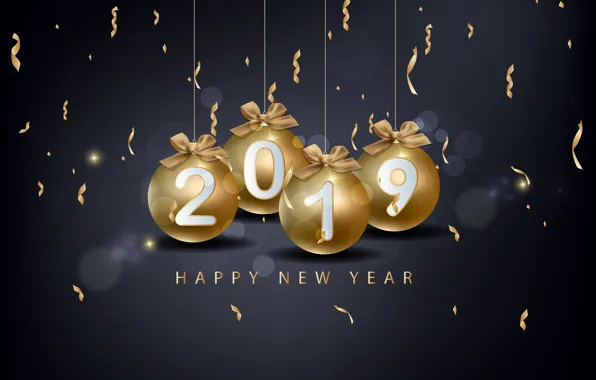 Картинка золото, Новый Год, цифры, golden, черный фон, black, balls, background, New Year, Happy, sparkle, 2019