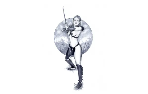 Картинка девушка, эльф, меч, белый фон, рисунок простым карандашом