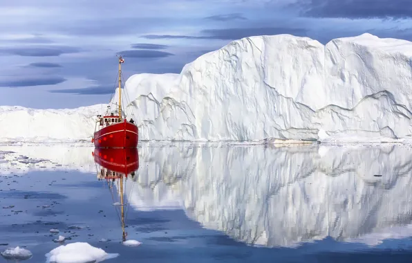 Картинка море, пейзаж, природа, отражение, айсберг, кораблик, льдина, Гренландия, Disko Bay, Залив Диско