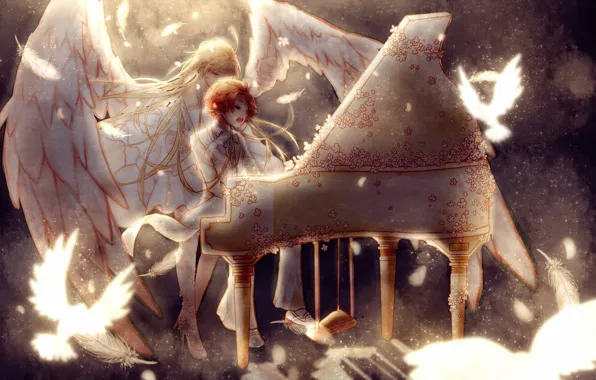 Картинка девушка, ангел, парень, пианино