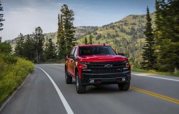 Картинка красный, Chevrolet, пикап, Silverado, Z71, на дороге, Trail Boss, 2019, Silverado LT