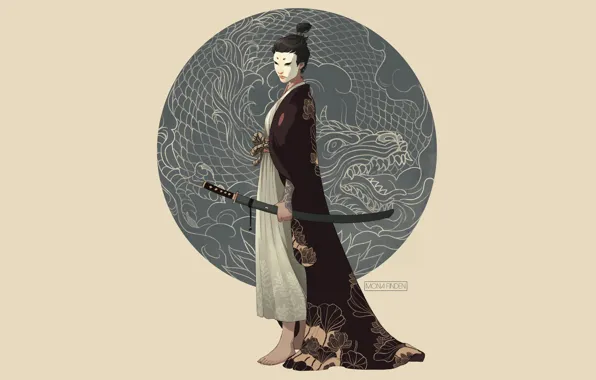 Картинка sword, fantasy, minimalism, weapon, katana, dragon, samurai, digital art, artwork, mask, fantasy art, kimono, illustration, …