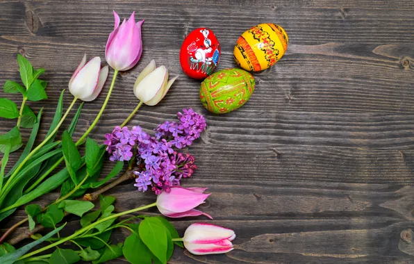 Картинка цветы, яйца, Пасха, тюльпаны, happy, wood, pink, flowers, tulips, eggs, easter, decoration
