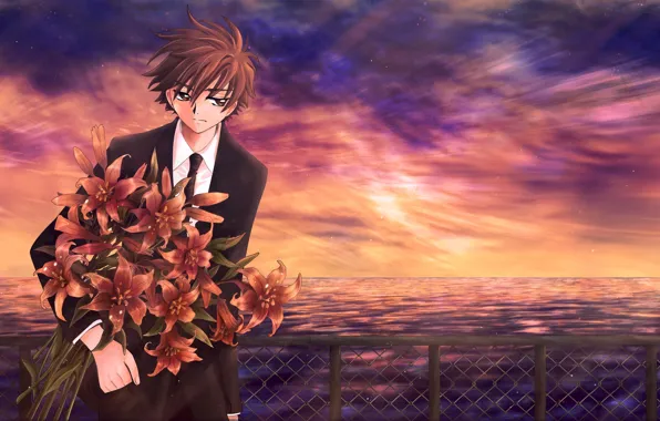 Картинка закат, цветы, букет, аниме, арт, парень, Tsubasa Reservoir Chronicles
