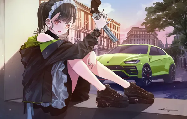 Картинка девушка, пистолет, юбка, сидит, револьвер, Lamborghini Urus, револьвер в руках