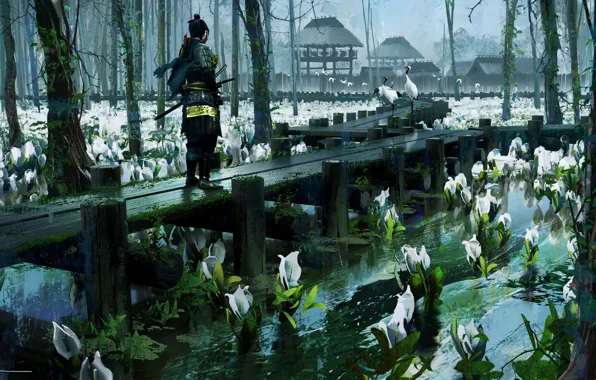 Картинка пруд, доспехи, самурай, водяные лилии, мостки, журавли, пасмурный день, Ghost of Tsushima, Призрак Цусимы, Jin …
