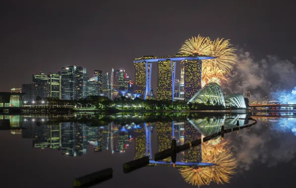 Картинка город, отражение, салют, панорама, Сингапур