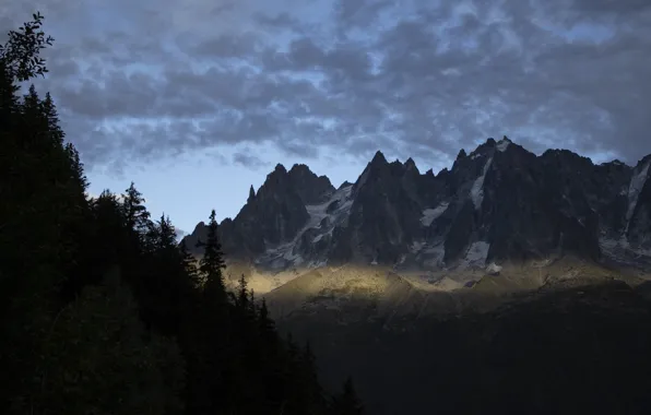 Картинка небо, облака, деревья, горы, природа, скалы, вечер, Альпы