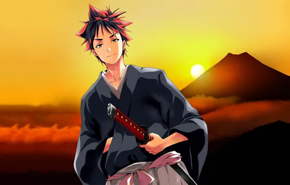 Картинка закат, меч, аниме, парень, Shokugeki no Soma, Сома, кухня сомы