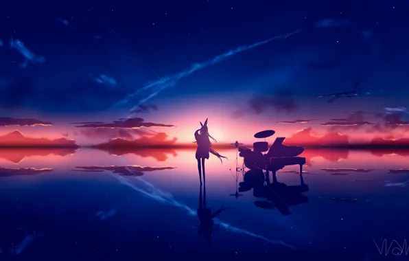 Картинка небо, вода, девушка, пианино, барабанная установка, by Womo